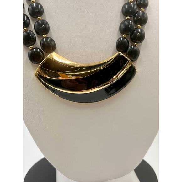Trifari Vintage Double‎ Strand Beaded Black Goldtone Egyptian
Revival Necklace - Picture 2 of 8